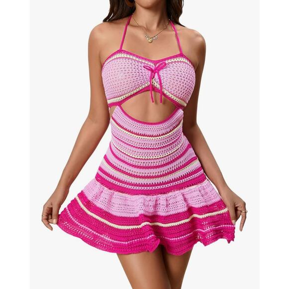 Pink Crochet Halter Mini Dress Open Back Striped Knit Festival Boho Y2K s/m - Picture 1 of 7
